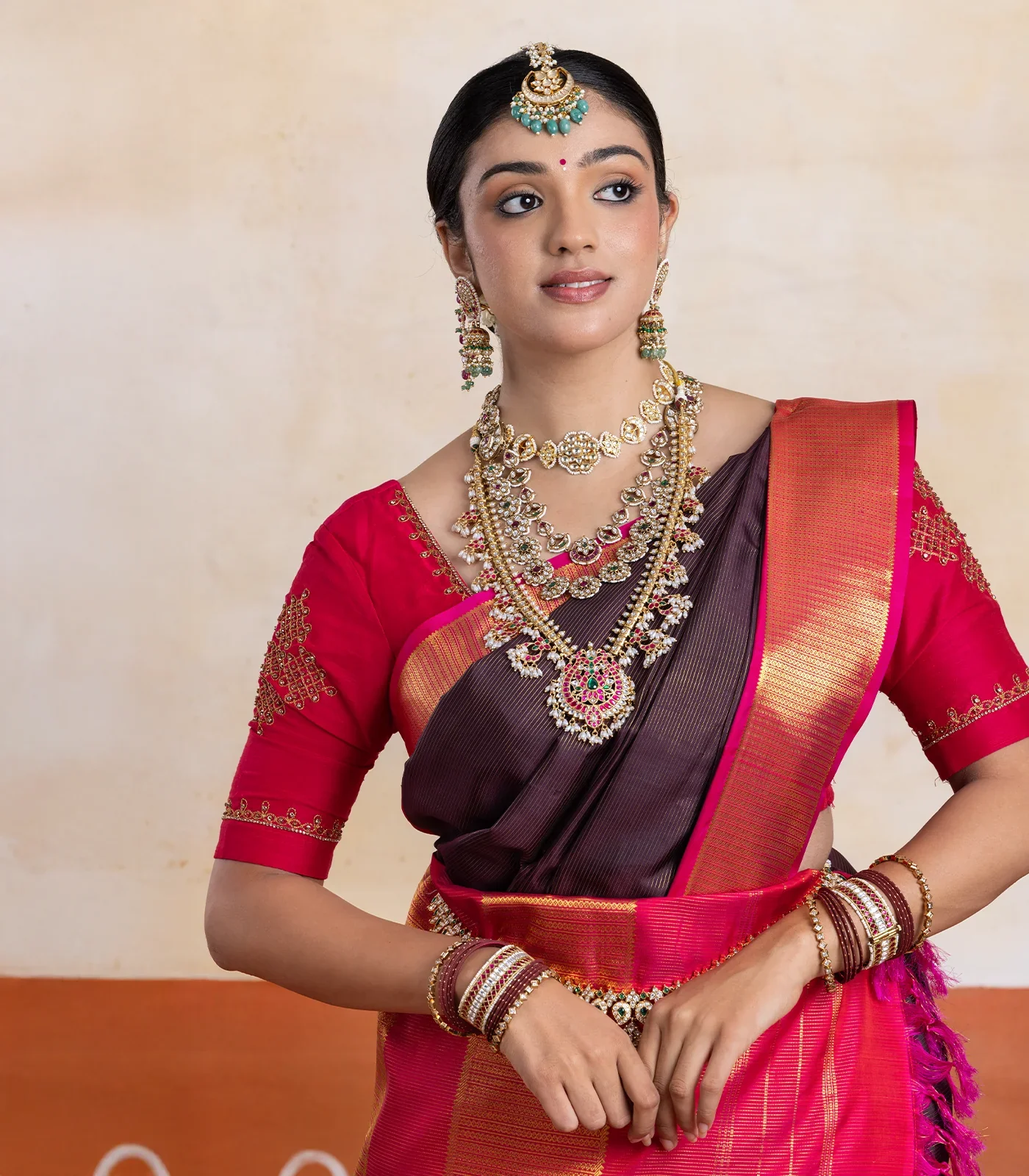 Dark Brown Handloom Korvai Kanchipuram 9 Yards Silk Saree With Contrast Border-KA15966